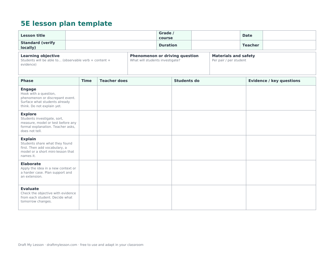 Blank 5E lesson plan template with rows for Engage, Explore, Explain, Elaborate and Evaluate and columns for time, teacher actions, student actions and evidence